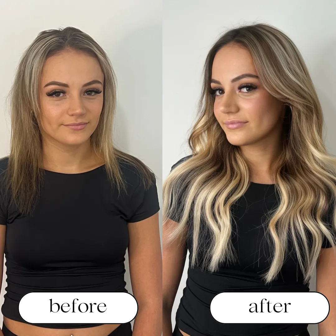 Brunette hair extension transformation with added length, fullness and soft waves